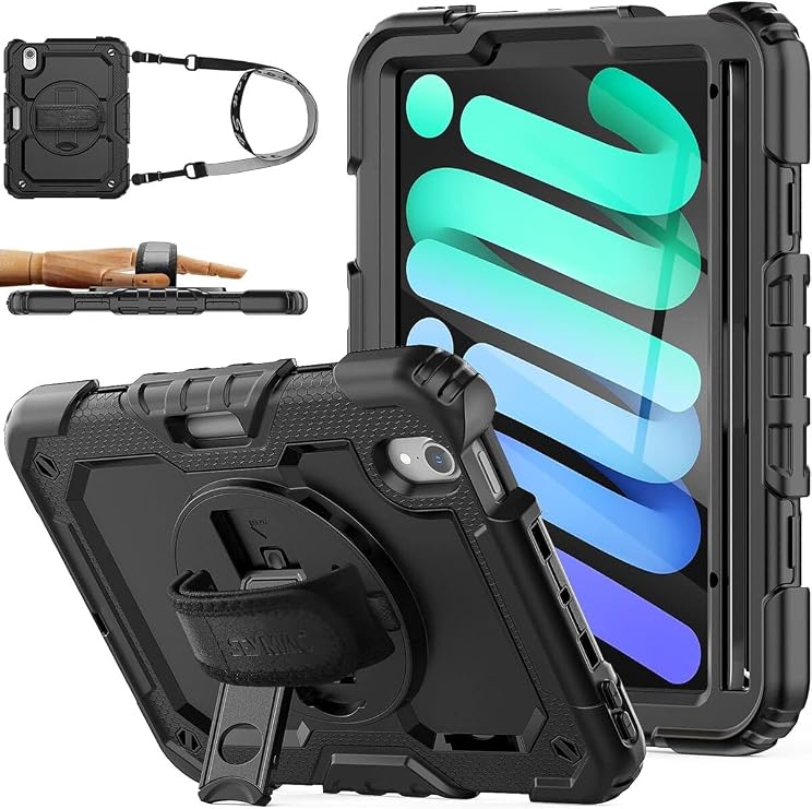iPad Mini 7 ile Uyumlu Kılıf, Askılı, Yüksek Koruma, Defender, Standlı Case, Siyah