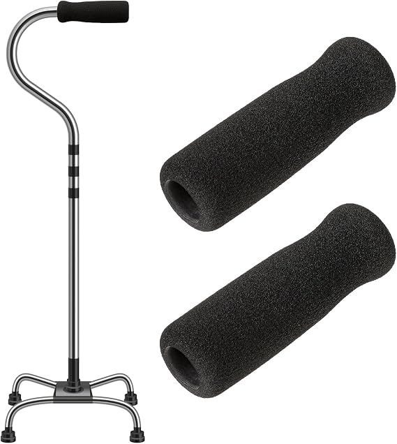 Cane Handle Grip Replacement, 2 PCS Walking Stick Grips for Seniors, Offset Handle Crutch Hand Grips, Black Foam Accessories