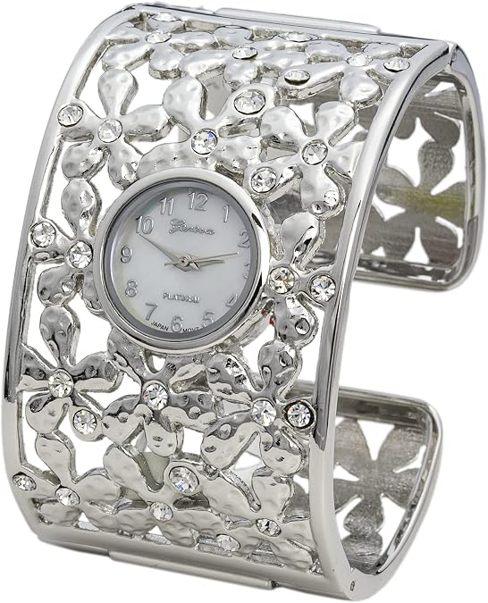 Collections Women's 20mm Case Wide Flower Design Cuff Bangle Watch