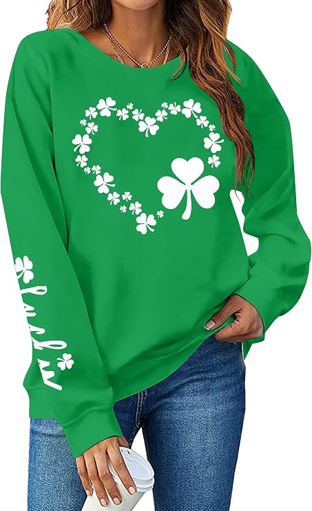 LUKYCILD St Patricks Day Sweatshirt Women Clover Sweater Shamrock Shirts Funny Long Sleeve Irish Gift Pullover Tops