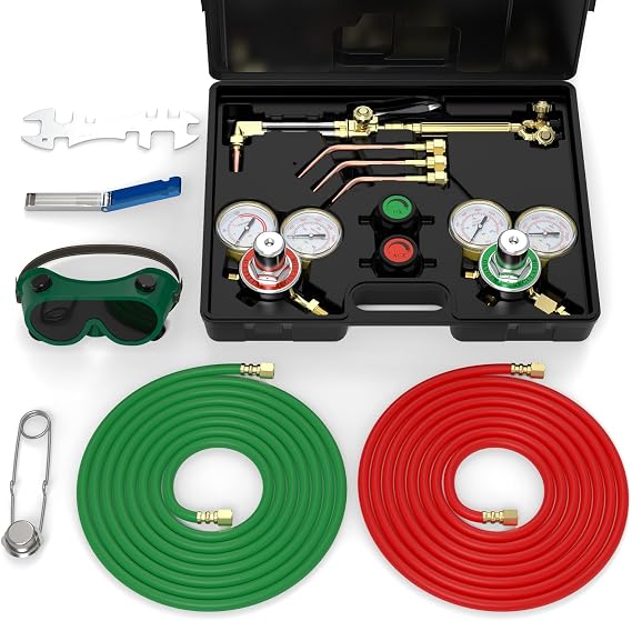TOOLIOM Oxy Acetylene Torch Kit with CGA-510 and CGA-540 Regulators | Cuts Up to 1-1/2 Inch, welds up to 3/8", organized storage, 14.8 ft twin hose