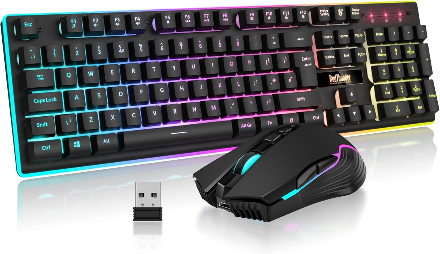 RedThunder K10 Wireless Gaming Keyboard and Mouse Combo, LED Backlit Rechargeable 3800mAh Battery, UK Layout Mechanical Feel Keyboard  7D 3200DPI Mice for PC Gamer Black