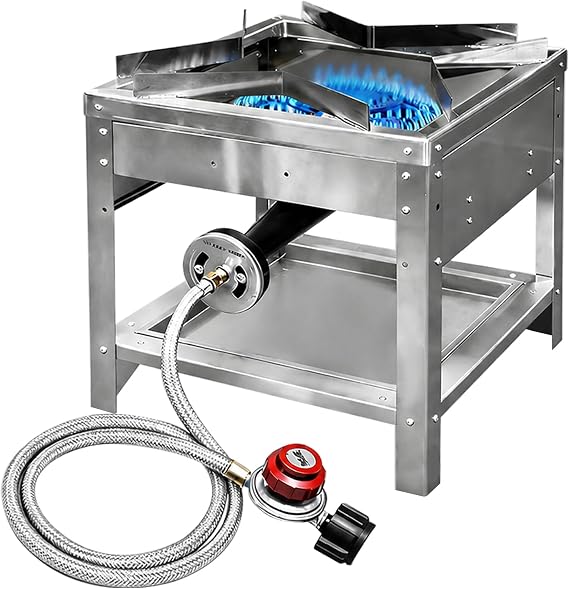 Stainless Steel Single Propane Burner Outdoor Gas Cooker with 20 PSI Regulator, 200,000 BTU High-Power Portable Propane Stove for Outdoor Cooking, Turkey Frying, Seafood Boiling & More