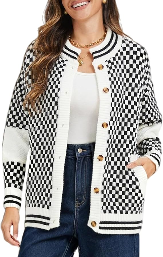 Checkerboard Knit Cardigan for Women Fall 2025 Drop Shoulder Button Front Black and White Sweater with Pockets