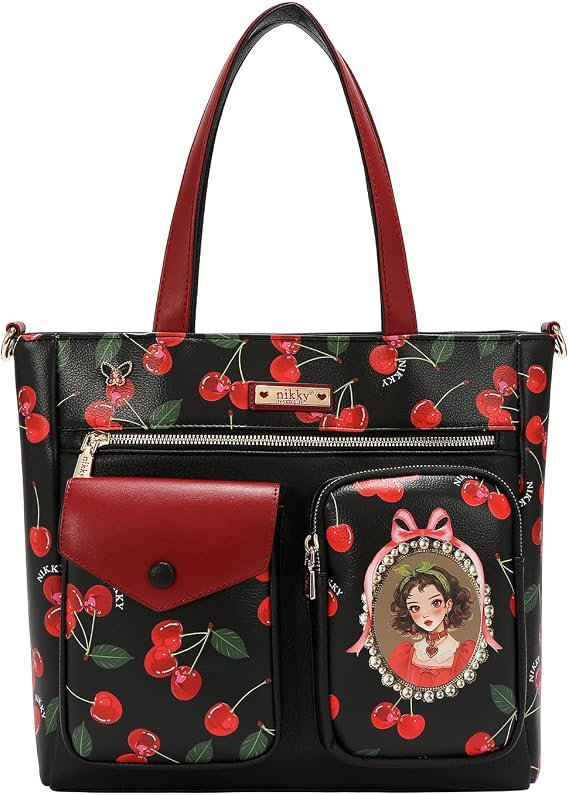 Nicole Lee Nikky Cherry Lips Tote Bag,Two interior open wall accessory pockets on front, Adjustable Shoulder Strap (CHERRY LIPS BLACK)