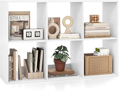 Tangkula 6-Cube Bookcase, 3-Tier Bookshelf with Open Compartments, Freestanding Cube Storage Organizer with Anti-Toppling Kits, Modern Display Shelf for Home Office White, 6-Cube