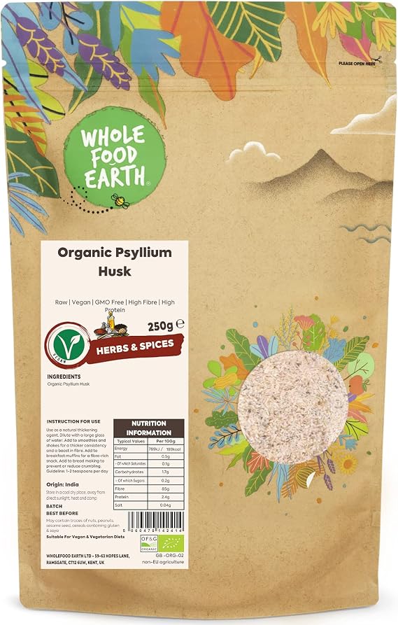 Wholefood Earth Organic Psyllium Husk 250g Raw | Vegan | GMO Free | High Fibre | High Protein | Certified Organic