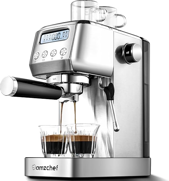 AMZCHEF Espresso Machine, Milk Frother, Cappuccino Maker Burshed Silver