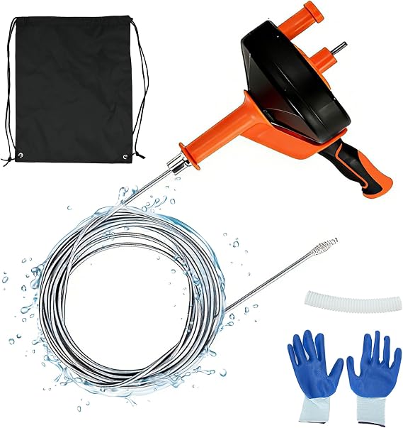 Drain Snake with Drill Attachment, 10M/33FT, Manually or Powered Use | Flexible Plumbing Snake, Heavy Duty Hair Clog Remover Pipe Snake with Gloves and Storage Bag for Bathroom Sink Kitchen