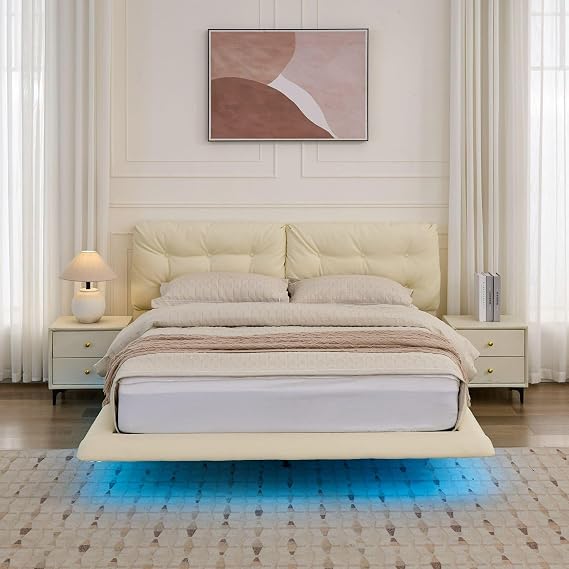 Floating Bed Frame Queen, White PU Leather Upholstered Platform Bed, Low Queen-Size Bed Frame with LED Lights/Button-Tufted Headboard, No Box Spring Needed Easy Assembly (White)