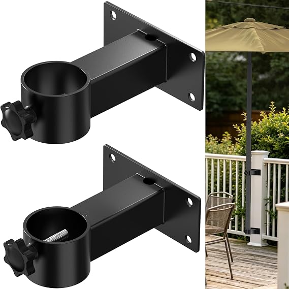 Black Adjustable Metal Deck Railing Patio Umbrella Clamp Mount Bracket | Heavy duty outdoor umbrella holder fits balcony, courtyard, fence and boat, holds one umbrella