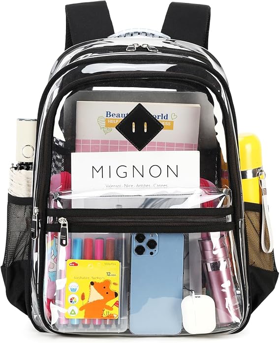 Clear Backpack Stadium Approved, Thriple Compartments Transparent Book Bag Heavy Duty PVC See Through Backpack for School for College Travel Work Festival, Black Plain
