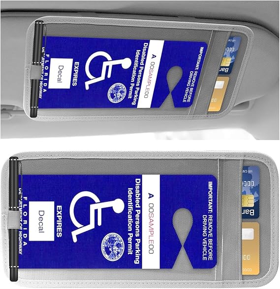JOYCOURT Handicap Placard Holder for Car, Disabled Parking Permit Sign Protector, Car Interior Sun Visor Storage Clip with Pen Holder, Note Paper Slot, Elastic Strap (Grey)