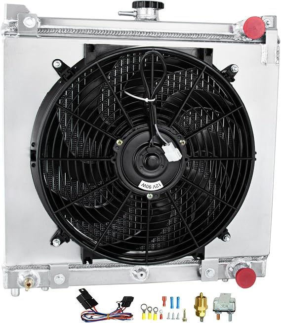 Aluminum Radiator Compatible With Suzuki Jimny Sumurai JB 16V G13B M13A 1998-2017, 3 Row Cooling Radiator + Shroud/Fan + Relay Kit