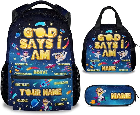 Kids Backpack, 3Pcs Personalized Boys Backpack Set with Planet, 17" Toddler Bookbag for Preschool Kindergarten Elementary, God Says I Am School Bag with Lunch Box