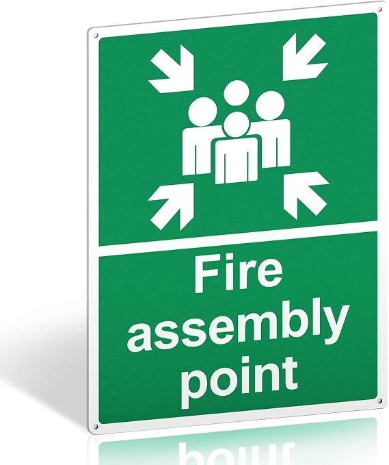 Fire Assembly Point Sign Outdoor - 400 x 300mm - 1mm Rigid Plastic | Self-Adhesive Backing & 4 Pre-Drilled Holes, Weatherproof Matte Finish, BS 5499 & EN ISO 7010 Compliant For Public Areas