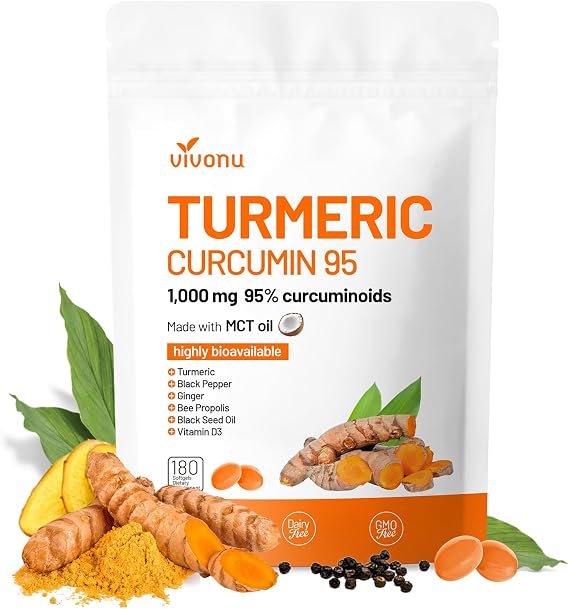 VivoNu Turmeric Curcumin Supplement with Black Pepper Capsules, 1000mg Pure Turmeric Curcumin 95% Curcuminoids Softgels, Enhanced Absorption, Joint Support, Non-GMO, Gluten-Free