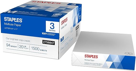 Staples Multiuse Copy Paper, 20 Lb, 94 Bright, 8 1/2" x 11", White, 3-Ream Case, For Office, School & Home