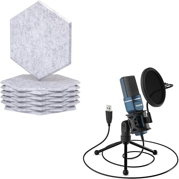 TONOR USB Microphone TC-777, Bundle with 12 Pack Hexagon Acoustic Panels Grey