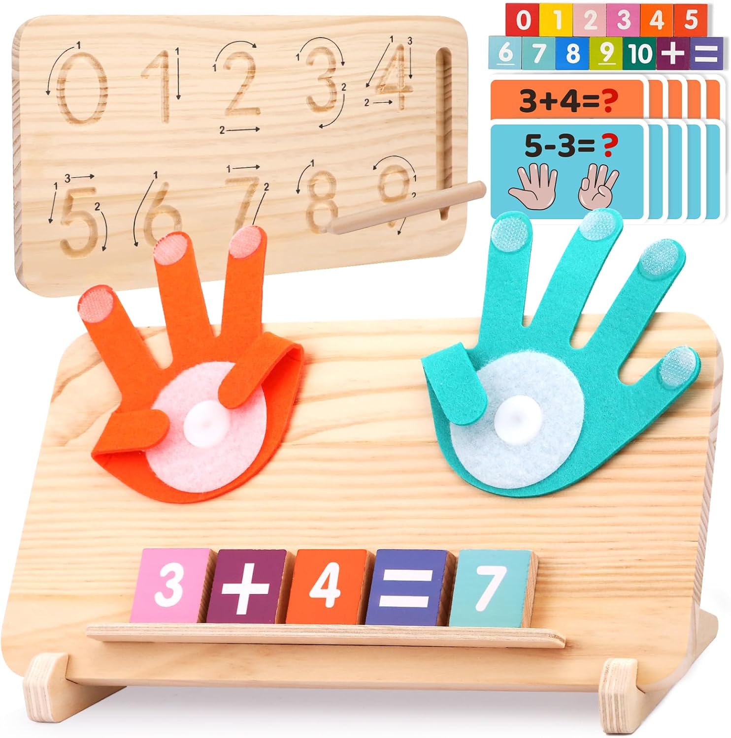Montessori Learning Toys for Toddlers 2-4, Double-Sided Finger Counting & Number Tracing Board, Number Blocks,Solid Pine Wood Educational Math Toy for Kids Boys Girls Ages 3 4 5 Year Old Birthday Gift