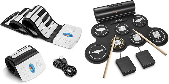 POGOLAB 49 Key Roll Up Keyboard Piano(black & white) + Electronic Drum Set