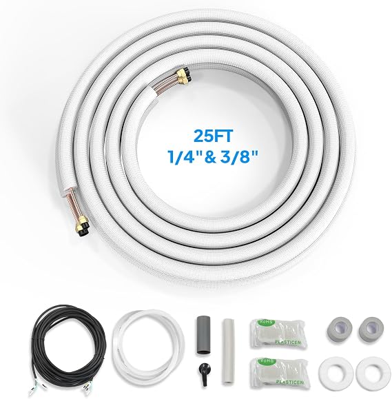 ROVSUN 25 Ft Mini Split Line Set, 1/4" & 3/8" O.D. Flared Copper Tubing Pipes & 3/8" Thickened PE Insulated Coil with Nuts & Installation Kit for Mini Split Air Conditioner & Heat Pump System