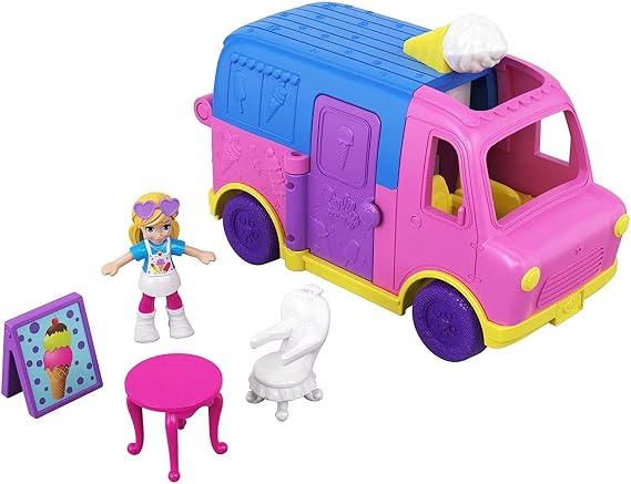 Polly Pocket Pollyville Transforming Ice Cream Truck with Ice Cream Flavor Display, Table, Chairs, Micro Polly Doll & Accessories