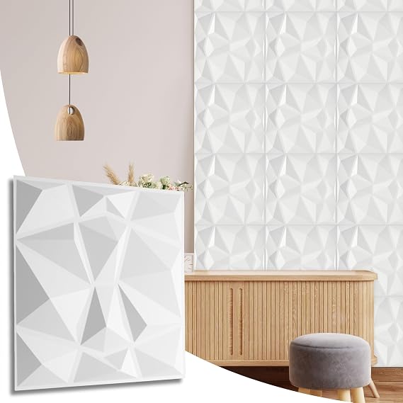 NOVECRAFTO Diamond Effect 3D Wall Panels - 8 Sheets Covering 2 sqm | 21.53 sqf Interior Cladding Panels Set | 3D Wall Tiles Diamond Design in Snow White - Each Panel Size 19.6" x 19.6"