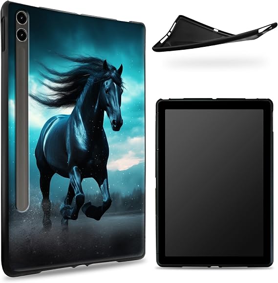 Designed for Samsung Galaxy Tab S8 Plus 2022 / S7 FE 2021 / S7 Plus 2020 12.4" Case, Matte TPU Rubber Back with Black Horse Nature, Slim Rubber Soft Silicone Cover with S Pen Holder