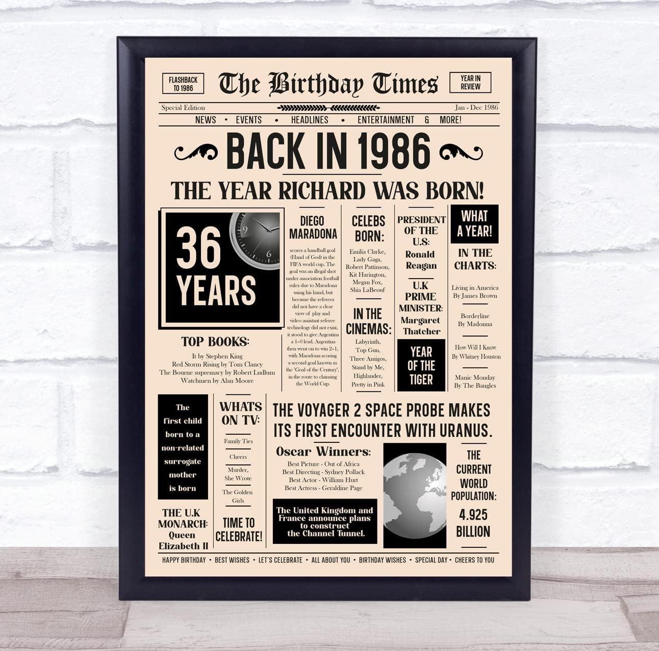 Fingerprint Designs 1986 Newspaper Any Age Any Year You Were Born Birthday Facts Gift Print | Gift For Milestone Birthday, Choice Of Framed Print, Canvas, Unframed Print, Keepsake