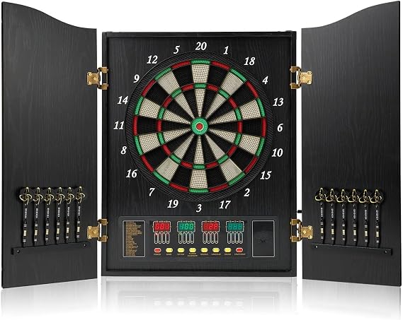 Automatic Scoring Electronic Dartboard Cabinet Set with LED Display, 12 Darts, 88 Soft Tips, 27 Games, Supports Up to 16 Players, Man-machine Match Function