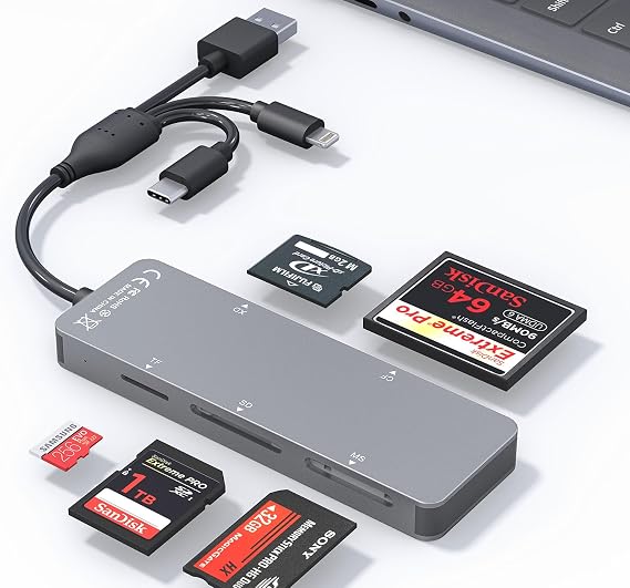 SD Card Reader Memory Stick pro Duo Adapter - 5 in 1 SD/TF/CF/MS/XD Card Reader for iPhone Supports Micro SD/SDHC/Compact Flash/XD Picture Cards, Lightning+USB A+USB C Memory Stick Pro Adapter