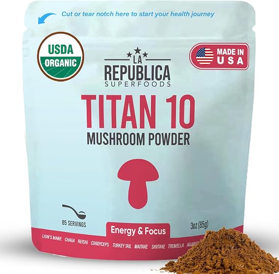 La Republica Titan10 Organic Mushroom Powder 3oz for Focus, Immunity, Energy, Gut Health, and Skin (85 Servings)