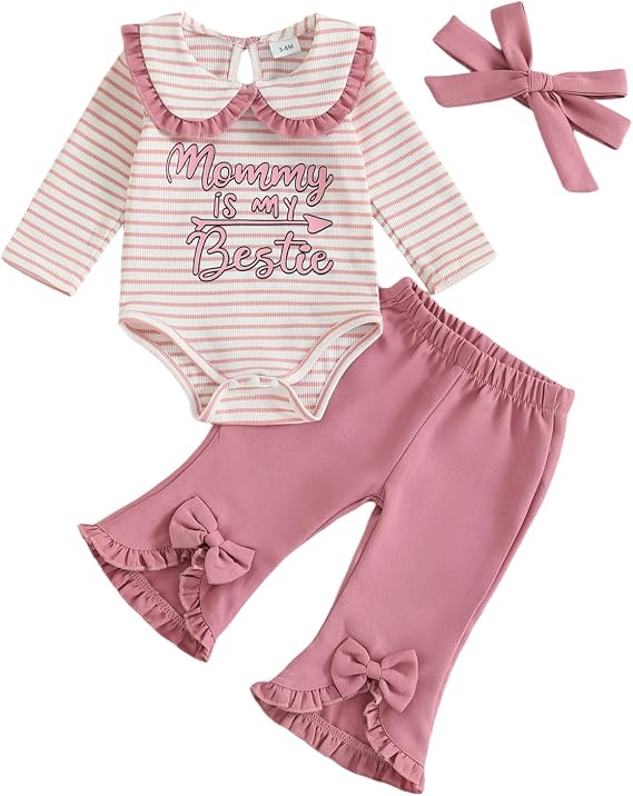 MoZiKQin Baby Girl Clothes Mommy is My Bestie Long Sleeve Romper Shirt Flare Pants Cute Fall Winter Outfits+Headband