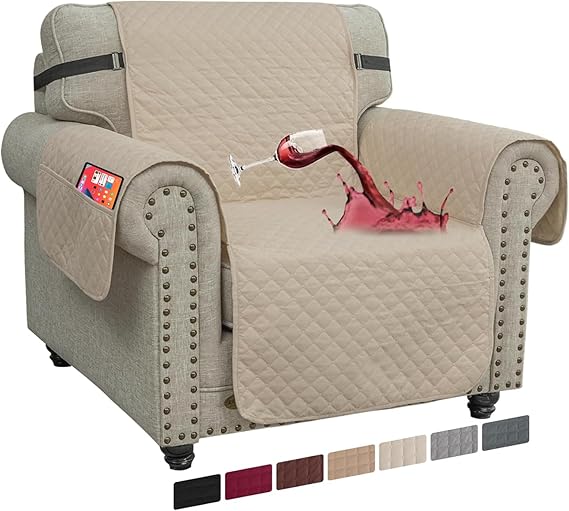 XINEAG Quilted Sofa Covers 1 Seater, Water Resistant Chair Covers for Dogs Pets, Non Slip Sofa Slipcovers with Pockets, Washable Furniture Protector with Elastic Strap (Chair, Beige)