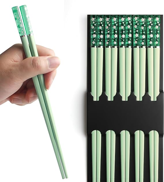 5 Pairs Reusable Fiberglass Chopsticks, 9.56 Inches Lightweight Non-slip Chop Sticks, Dishwasher Safe Japanese Chinese Sakura Design, Green