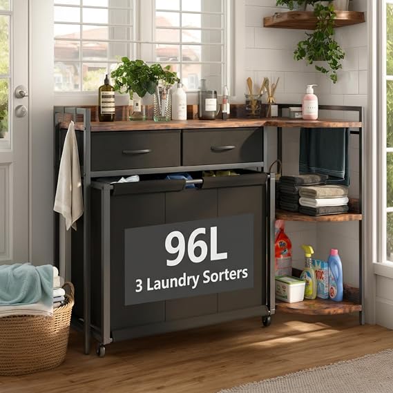 Gyfimoie Laundry Hamper,L Shaped Laundry Basket with Large Desktop & 2 Drawers,Laundry Sorter with 3-Tier Storage Shelf and 4 Wheels,3 Pull-Out Bags for Laundry Room, Bathroom, Bedroom