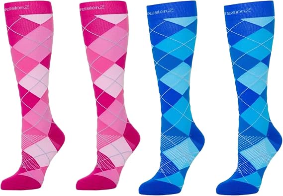 CompressionZ 30-40 mmHg Knee High Compression Socks Bundle, 1-Pack Argyle-Pink + 1-Pack Argyle-Blue (Large) Firm Graduated Support for Travel, Nurses,