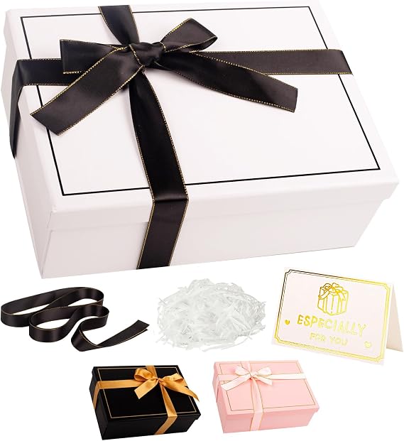 Luxury White Gift Box with Lid 25x18x9cm Medium/Large Empty Gift Boxes for Presents, Gift Box for Birthday Christmas Wedding Bridal Valentines Day Present Box with Ribbon Girls Her Women
