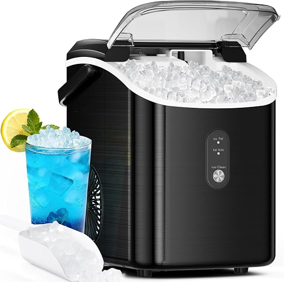Electactic Nugget Ice Maker Countertop - Pebble Ice Maker with Self-Cleaning, Ready in 6 Mins, 35lbs/Day, Portable Sonic Ice Machine with Handle, Basket & Scoop for Home, Kitchen, RV, Outdoor (Black)
