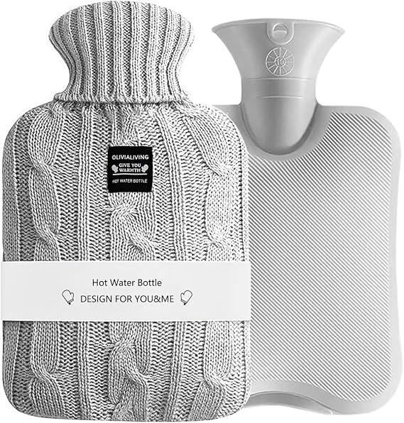 Hot Water Bag Hot Water Bottle 2 Liters Heat Up and Refreezable Hot Cold Pack with Knit Cover for Pain Relief Hot Cold Therapy Grey