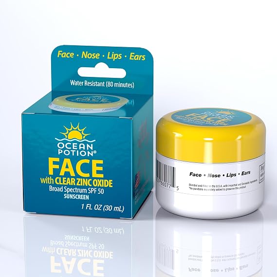 Ocean Potion Face Zinc SPF 50, Broad Spectrum UVA/UVB Protection, Clear Zinc Oxide Facial Sunscreen, Water-Resistant, Enriched with Aloe & Vitamin E, Oxybenzone-Free