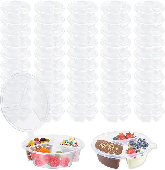 Snack Pack Containers, 50pcs Reusable 3-Compartment Microwave-Safe Snack Containers with Lids, Leakproof Plastic Food Storage for Meal Prep, Portion Control, Travel, Office, Camping