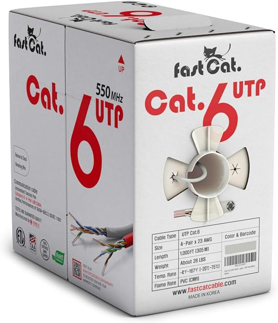 Fast Cat. Cat6 Ethernet Cable 1000ft - 23 AWG, CMR, Insulated Solid Bare Copper Wire Cat 6 Cable PoE++ (4PPoE), ETL Listed, 550MHZ / 10 Gigabit Speed UTP LAN Cat6 Cable 1000ft (White)