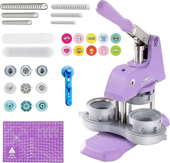 Button Maker Machine Multiple Sizes, 1+1.25+2.25 inch Installation-Free Pin Maker Machine, Ideal Pin Press Machine for Kids DIY, 300 Sets 25+32+58mm Button Making Supplies&Circle Cutter(Purple)