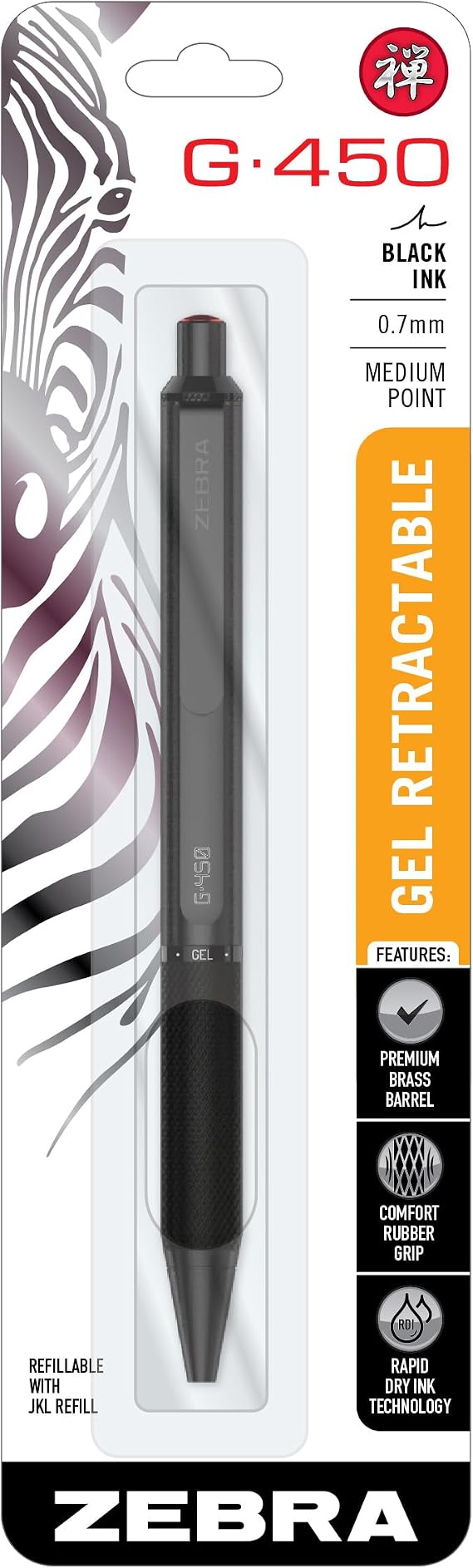 Zebra Pen STEEL G-450 Retractable Gel Pen, Black Ink, 0.7mm, 1-Pack | Brass Barrel, Rapid-Dry Ink, Smear-Resistant, Refillable, Medium Point Tip, Ideal for School and Office Supplies (49511)