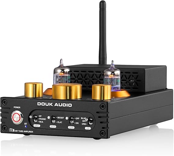 Douk Audio Tube Phono Amp: Bluetooth Receiver | 2-Channel Amplifier for MM Turntables | 160W2 TDA7498E | Tone Control | for Desktop Vinyl HiFi Home Audio System (X1)