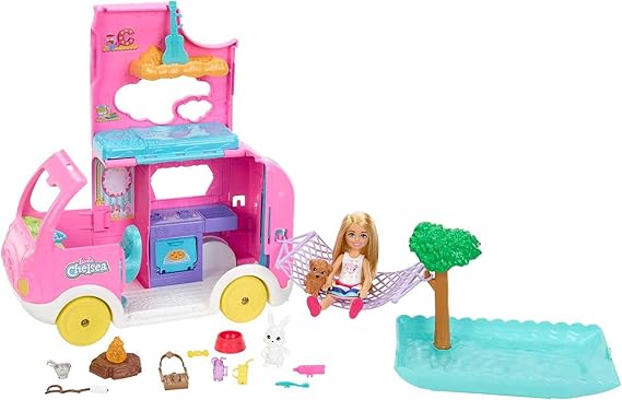 Barbie Camper, Chelsea 2-in-1 Playset and Accessories | Small Doll, 2 Pets & 15 Accessories, Vehicle Transforms into Camp Site