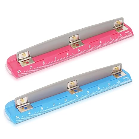 Darice 3 Hole Puncher 2 Pack - 5 Sheet Capacity Paper Punch with 10" Ruler - 3 Ring Easy-Clean Tray, Portable, Compact - Blue Pink