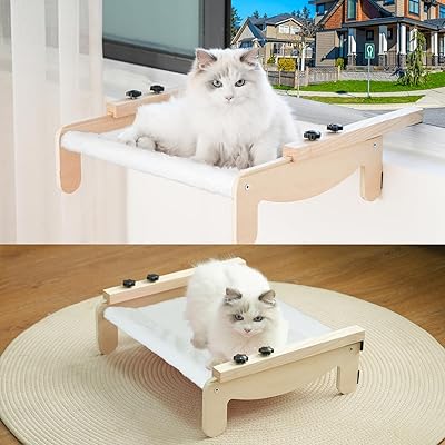Cat Window Perch, Wooden Window Perch for Cats Inside, 2 in1 Cat Hammock for Window, Versatile Cat Window Bed, Multi Installation Place Window Cat Bed for Windowsill Bedside Drawer and Cabinet